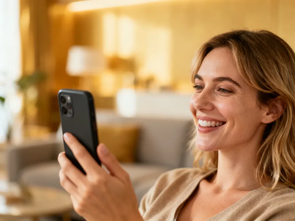 Uśmiechnięta kobieta robiąca zakupy przez smartfon w przytulnym salonie, symbolizująca wygodę zakupów z Allegro Smart.