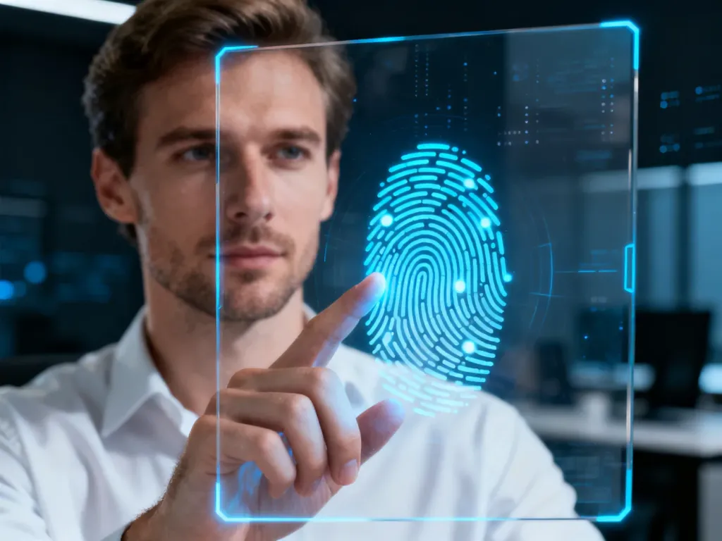 Mężczyzna przykładający palec do nowoczesnego skanera linii papilarnych z podświetlanym interfejsem biometrycznym.