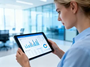 Specjalista IT pracujący przy laptopie z wyświetlonymi ikonami cyfrowego bezpieczeństwa i grafiką tarczy ochronnej.