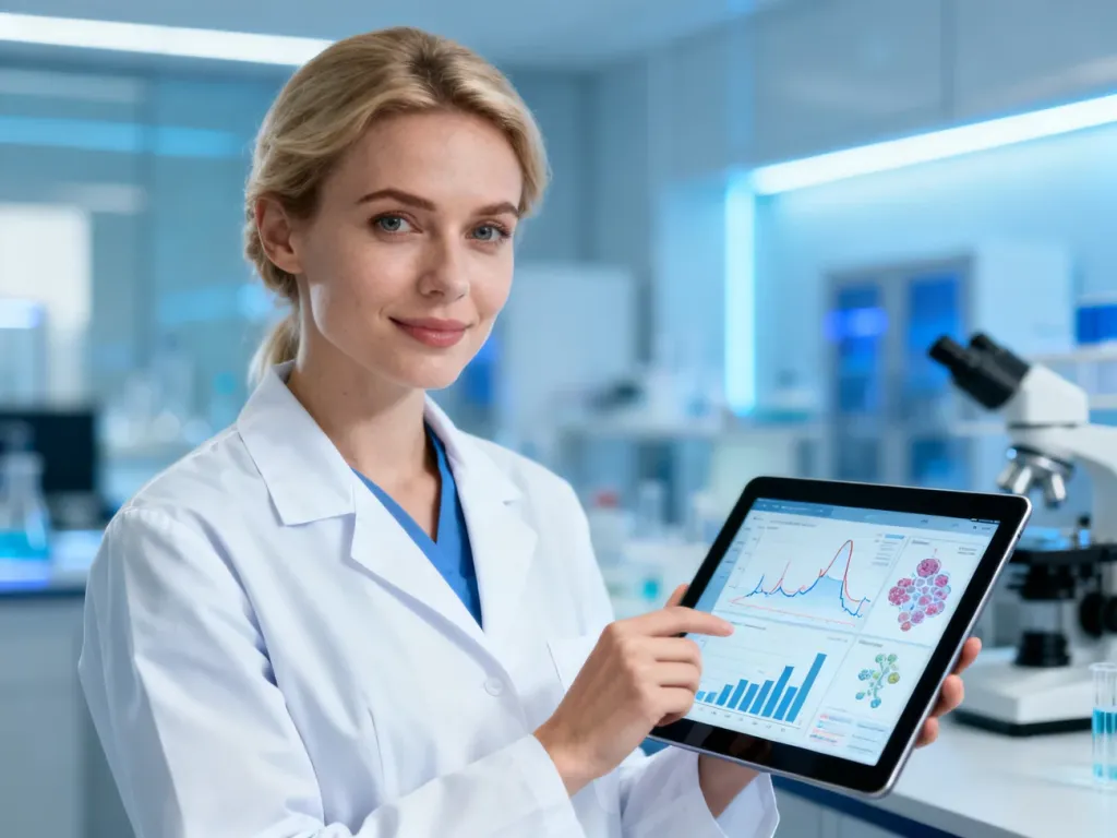 Lekarka w białym kitlu analizuje wyniki badań na tablecie w nowoczesnym laboratorium medycznym.