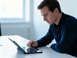 Mężczyzna zadowolony z obsługi aplikacji mobilnej na smartfonie przy biurku w domowym biurze.