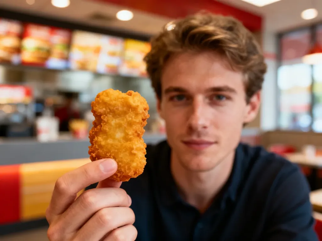 Złocisty, chrupiący nugget z kurczaka trzymany w dłoni na tle rozmytego wnętrza restauracji McDonald’s.