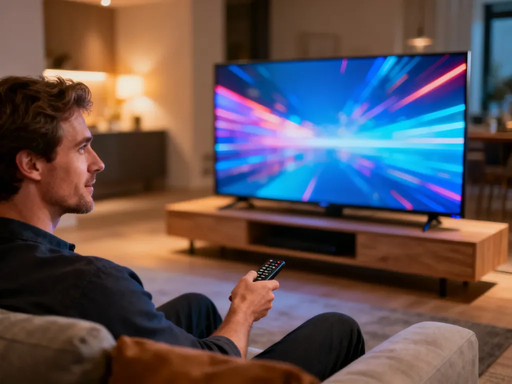 Mężczyzna siedzący na kanapie przed nowoczesnym telewizorem TCL w przytulnym salonie.