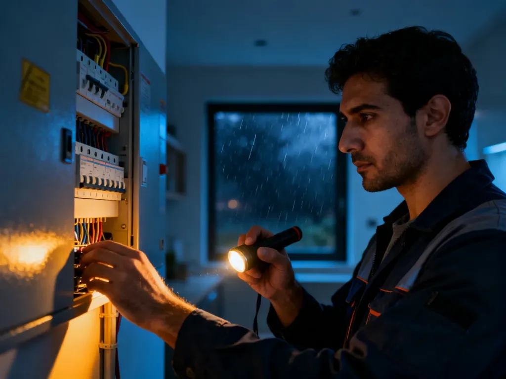 Elektryk sprawdza skrzynkę z bezpiecznikami przy użyciu latarki w ciemnym pomieszczeniu podczas burzowej nocy.